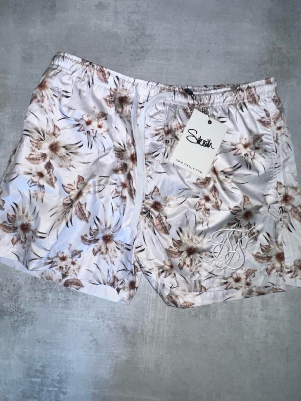 Siksilk Floral Drawstring Swim Shorts in White & Taupe